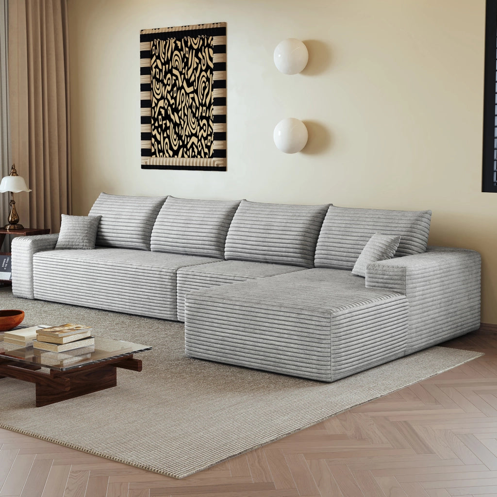 Divano modulare angolare 340x175x83 cm con chaise longue e seduta profonda, in tessuto grigio per soggiorno, moderno