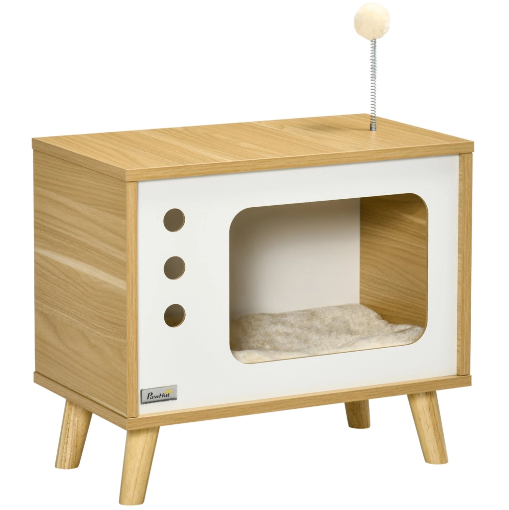 Cuccia per gatti a forma di TV con cuscino e gioco, beige, 50×28×43 cm