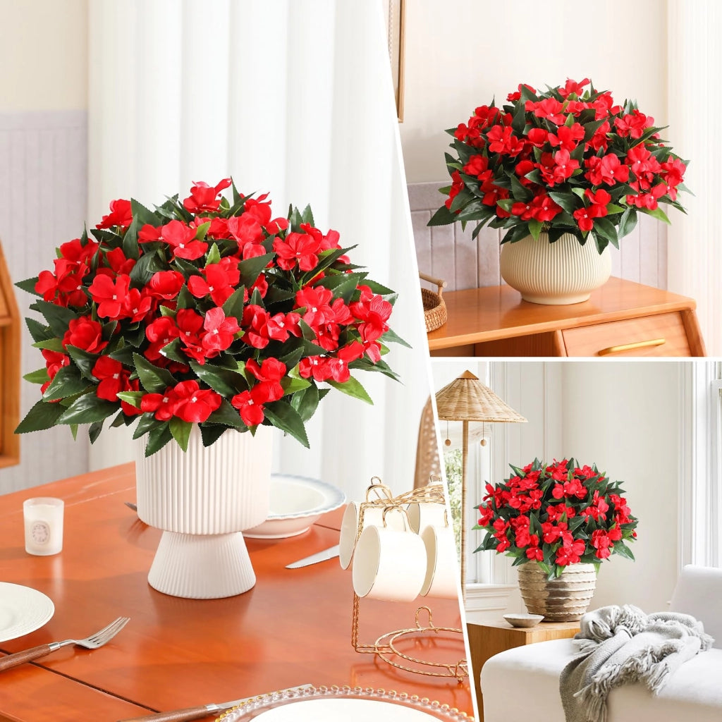 Set di 4 fiori artificiali, resistenti ai raggi UV, in seta, modello geranio e impatiens, colore rosso