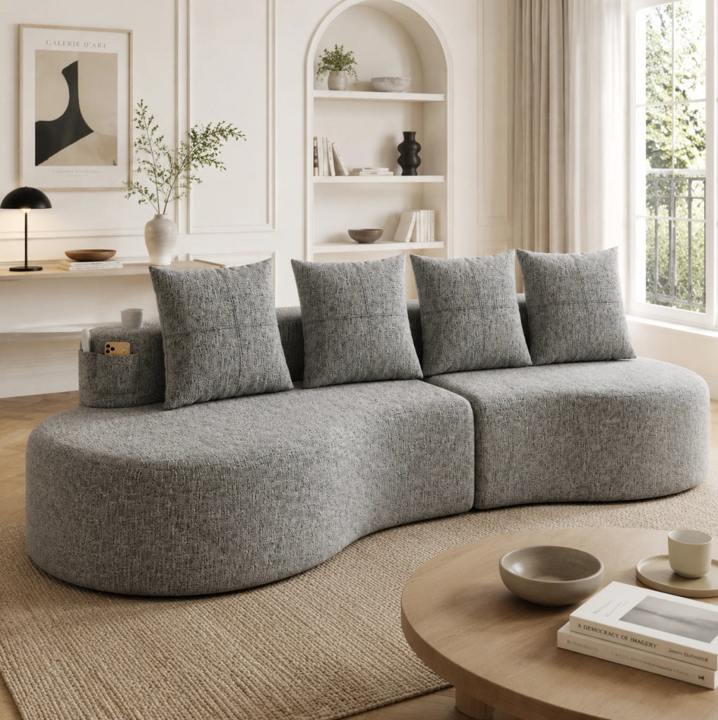 Divano 4 posti 240x109x63 cm in lino grigio chiaro, portabicchieri e tasche