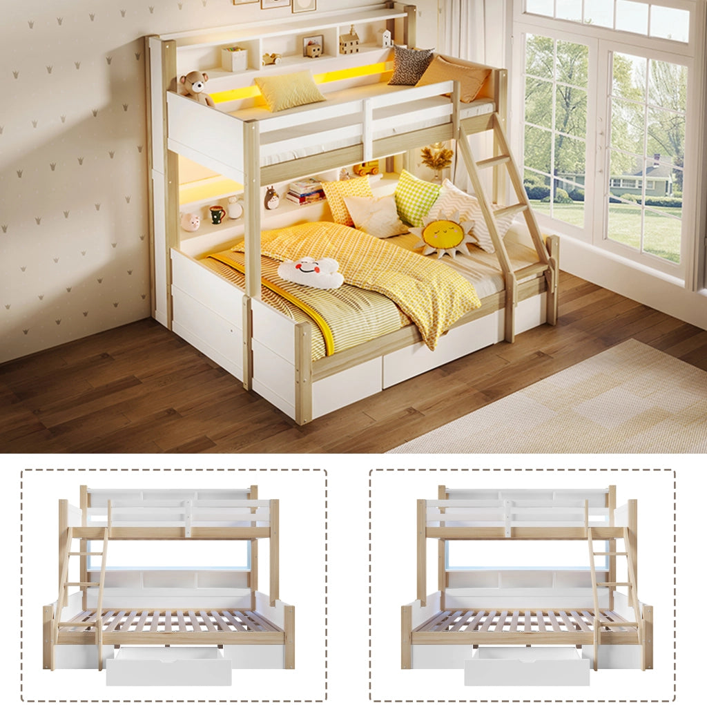 Letto a castello in legno massello 90x200 cm + 140x200 cm con scale, sponde, cassetto e luci LED, bianco e naturale, senza materasso