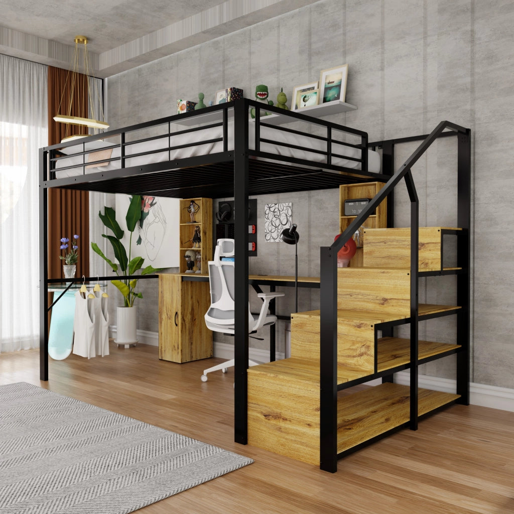 Letto a soppalco 140 × 200 cm con scrivania ripiani armadio scala contenitore metallo e MDF nero con porta USB