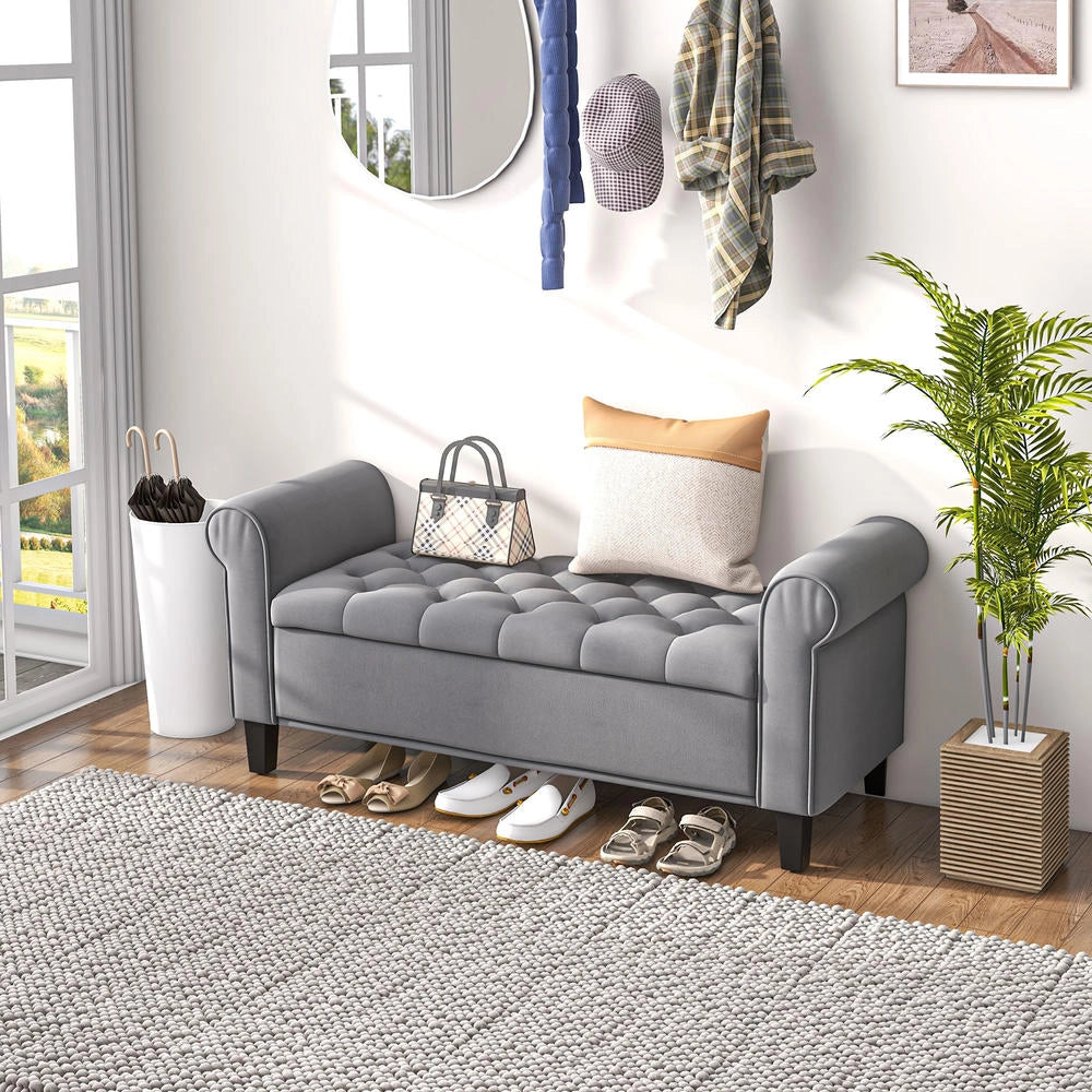 Panca contenitore imbottita fondo letto effetto velluto grigio con trapuntatura a bottoni 126 cm x 48,5 cm x 57 cm