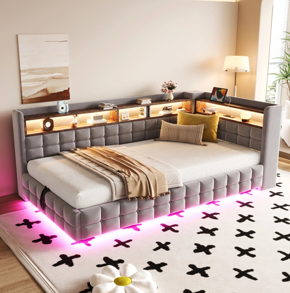 Divano letto imbottito 90 × 200 cm grigio chiaro con contenitore e LED