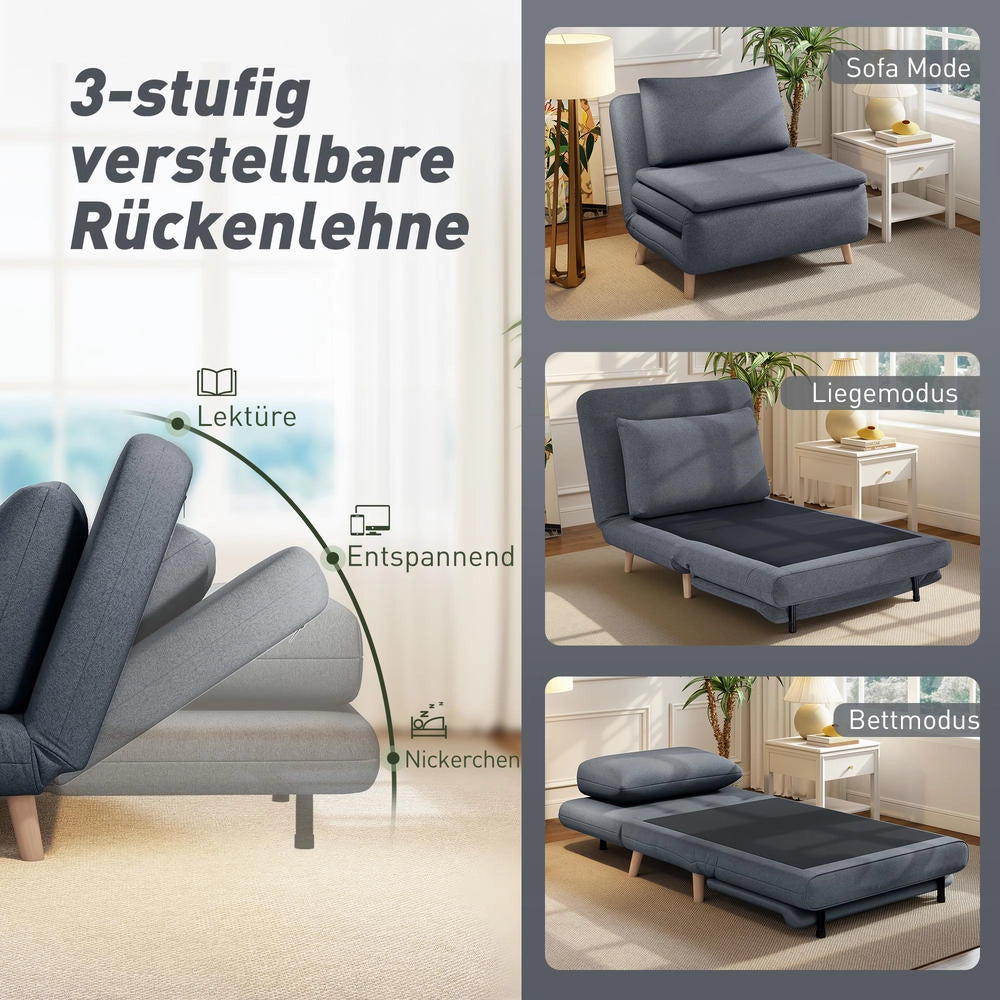 Poltrona letto 3 in 1 trasformabile con schienale regolabile e gambe in faggio, poltrona reclinabile moderna salvaspazio con cuscino, grigio
