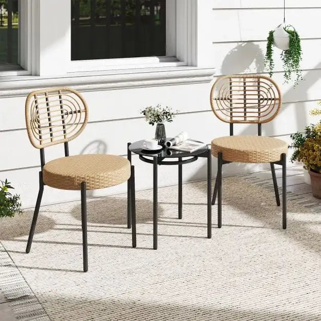 Set da bistro da giardino 3 pezzi in rattan PE e metallo con tavolino in vetro temperato e 2 sedie marrone per balcone e terrazza