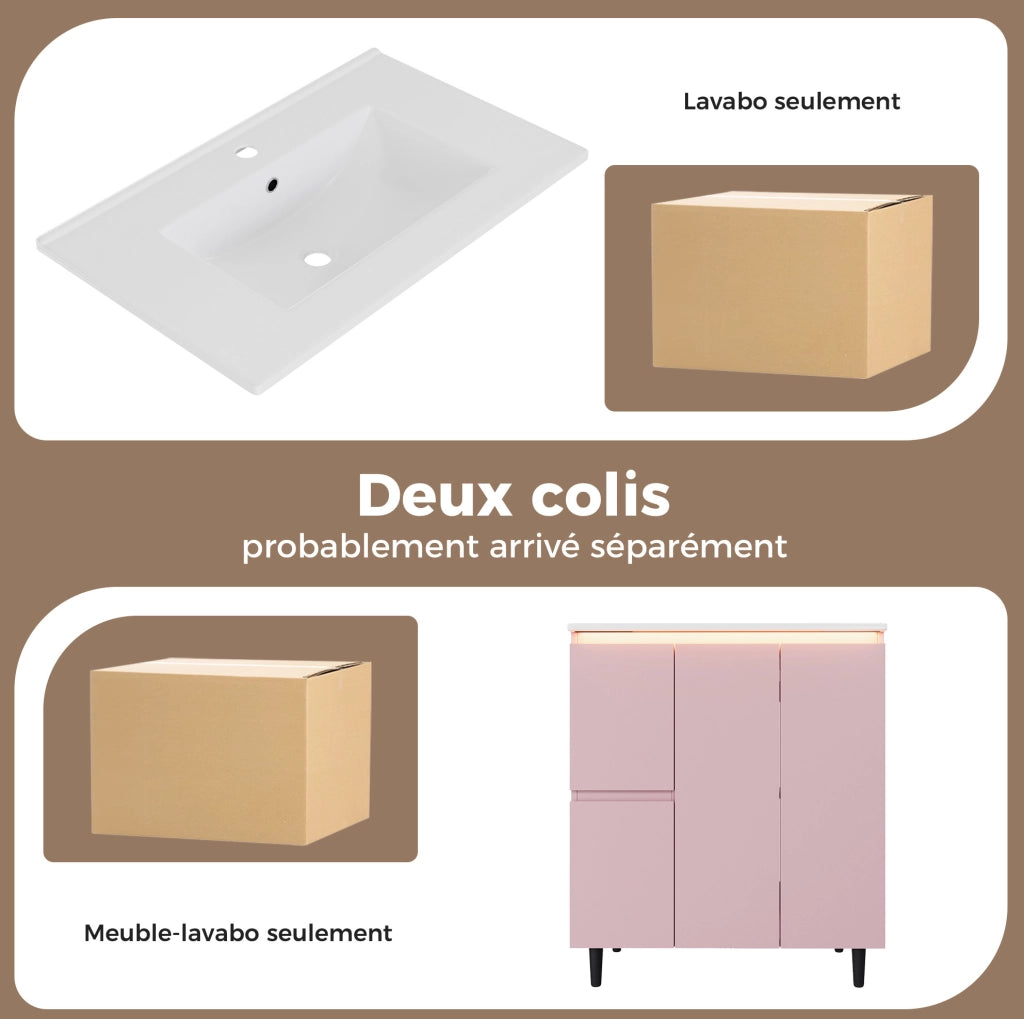 Mobile da bagno in MDF rosa 76x47x89 cm con lavabo in ceramica integrato e luce LED sensore radar
