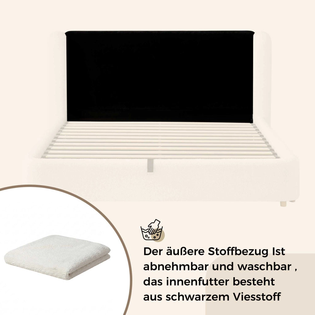 Letto contenitore alla francese Nexmon 140x190 cm con rete sollevabile e testiera imbottita sfoderabile; bouclé beige