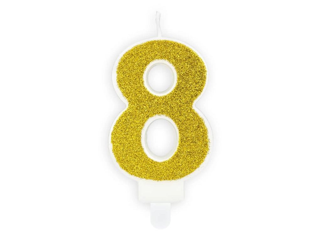Candela numero 8 con glitter oro per compleanno e feste