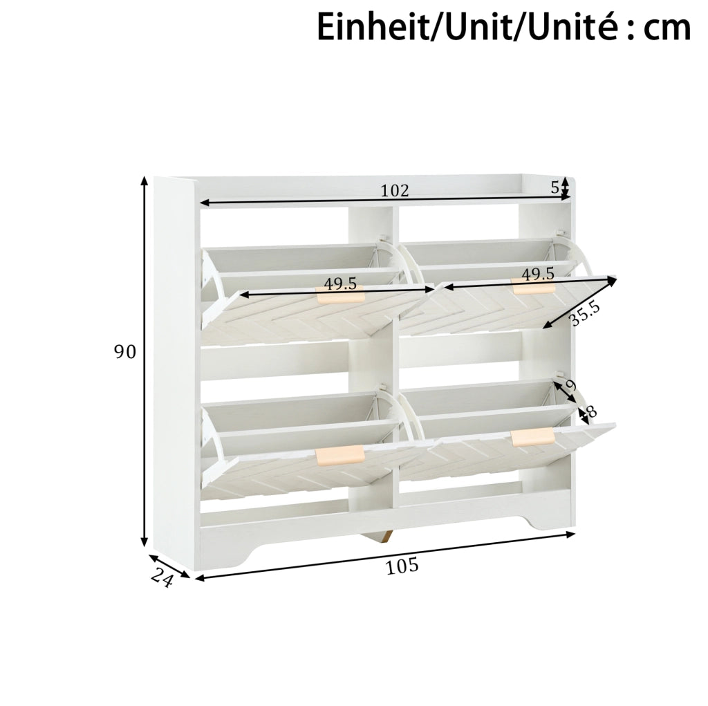 Scarpiera 105x24x90 cm con 4 vani a ribalta e frontale 3D in MDF bianco