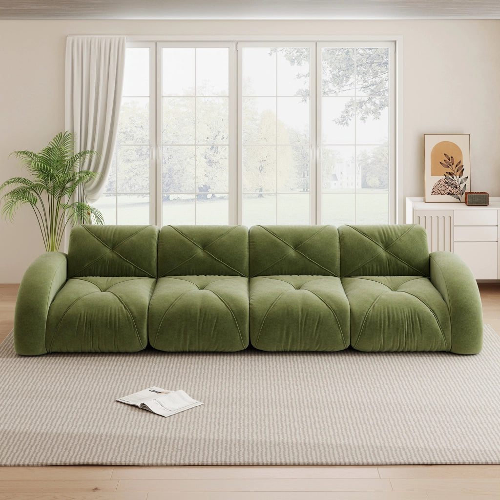 Divano modulare 4 posti con cuscini inclusi e moduli componibili in tessuto chenille verde per soggiorno, moderno
