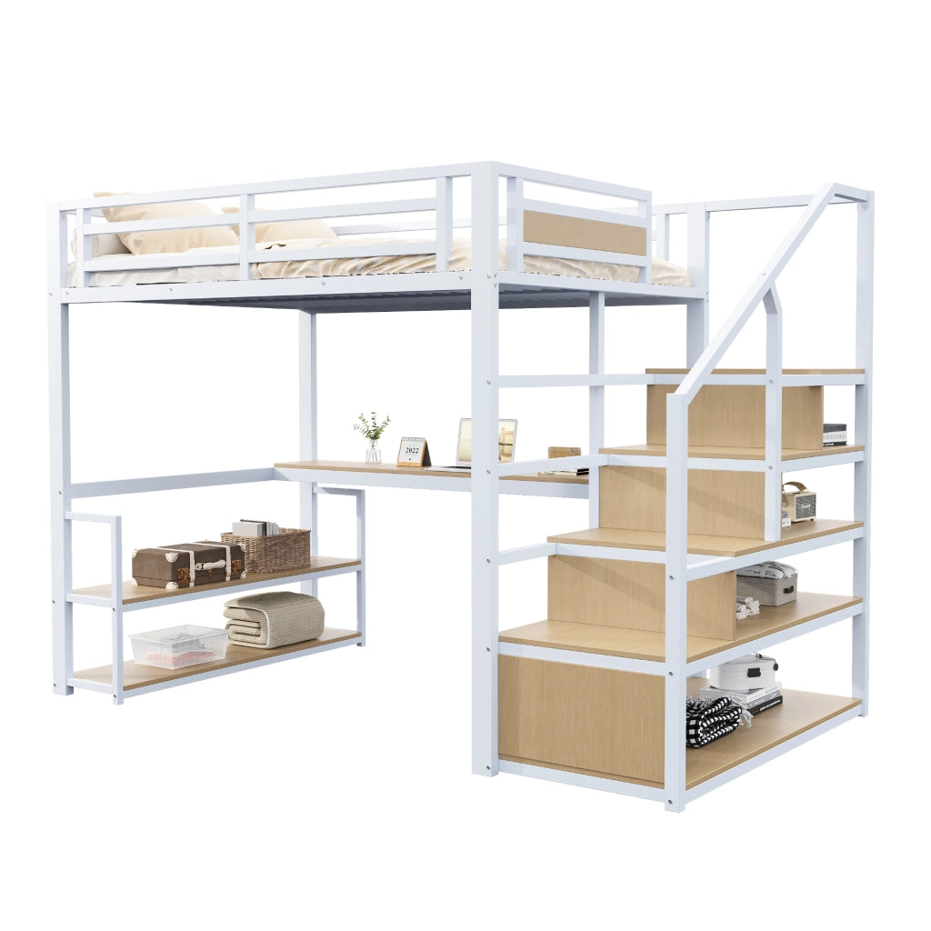 Letto a soppalco 140 × 200 cm in metallo bianco con scala contenitore scrivania ripiani e sponde di sicurezza