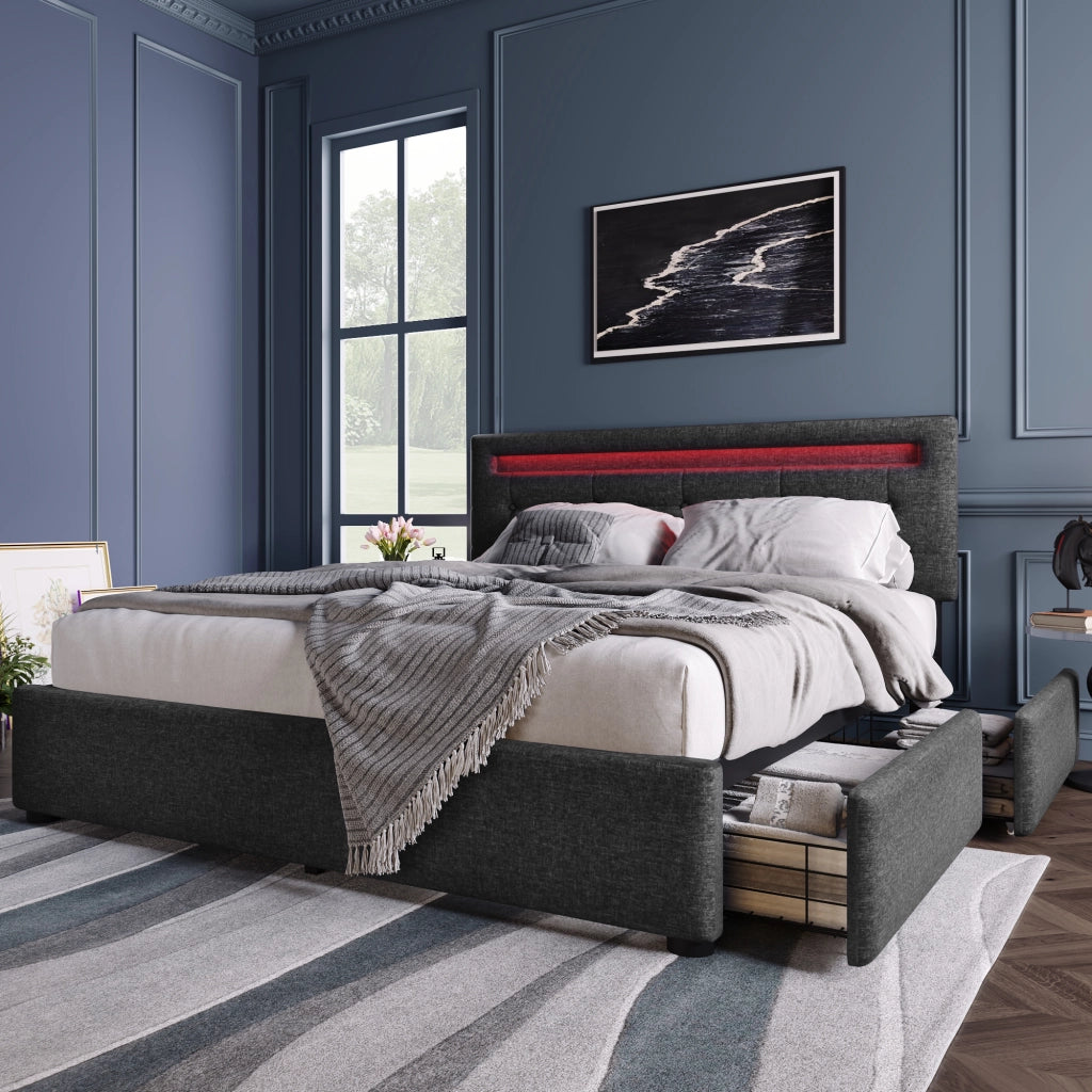 Letto matrimoniale 140 × 200 cm con LED e 4 cassetti in lino grigio testiera regolabile rete a doghe