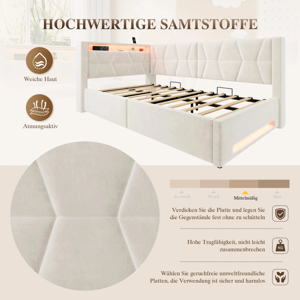 Letto singolo con contenitore 90 × 200 cm imbottito con LED USB e Type-C in metallo rivestito in velluto beige