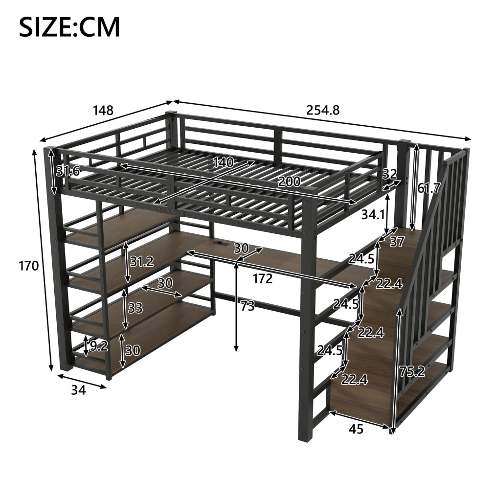 Letto a soppalco in metallo 140x200 cm con scrivania integrata, scala contenitore, luce LED e porta USB, nero