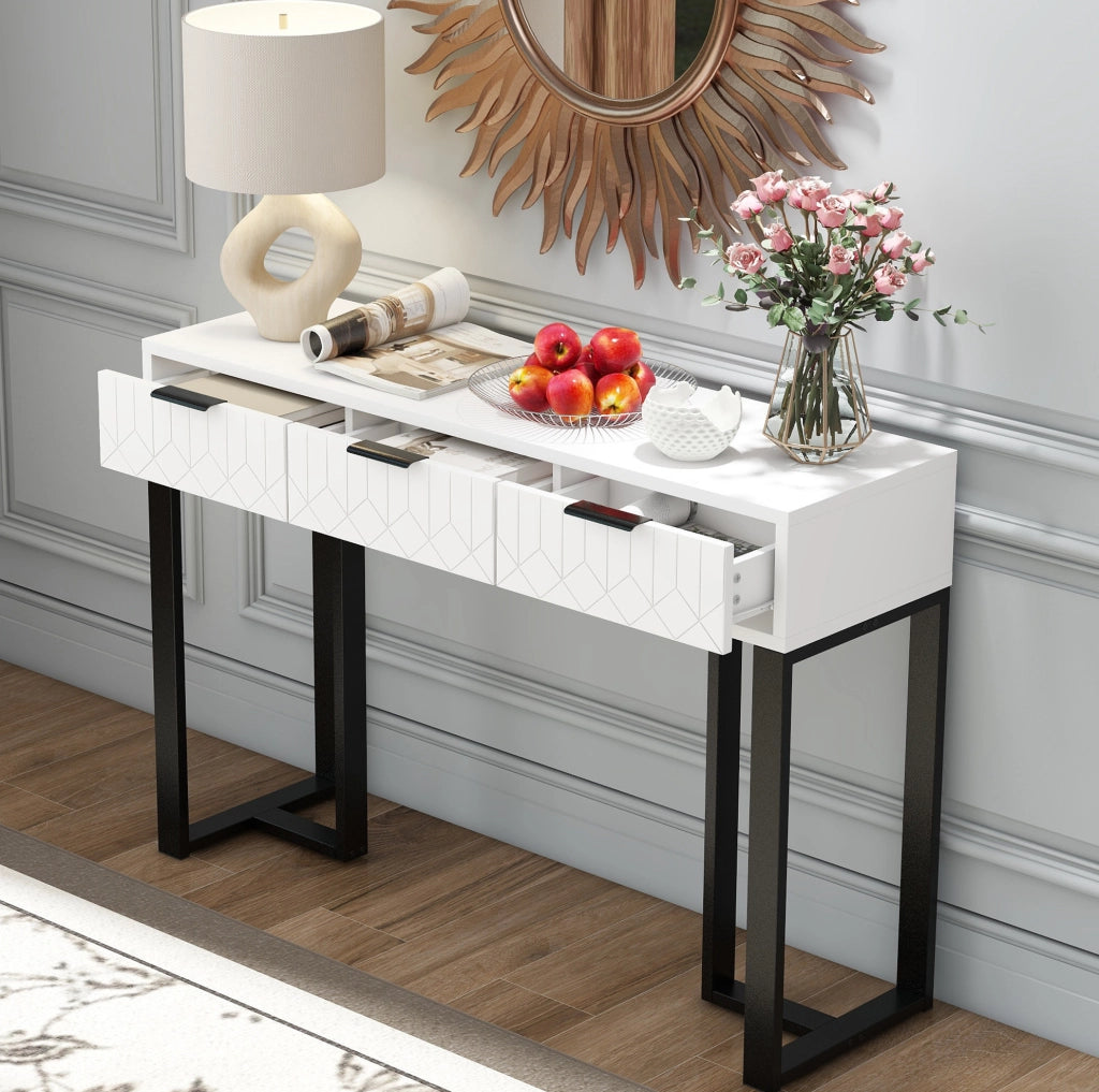 Consolle 120x36x80 cm in MDF bianco e nero, con cassetti per ingresso