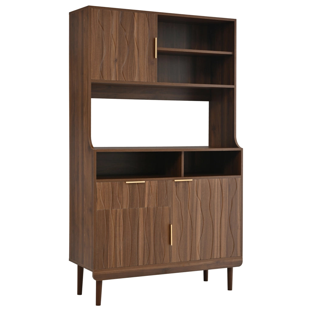 Mobile contenitore alto 100 × 32 × 170 cm con cassetto ante e ripiani aperti in MDF e pannello di particelle noce