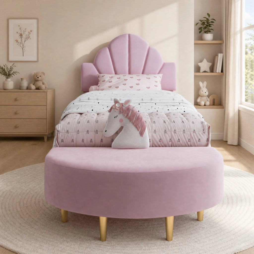 Letto singolo imbottito con testiera in velluto rosa e panca abbinata 90x200 cm