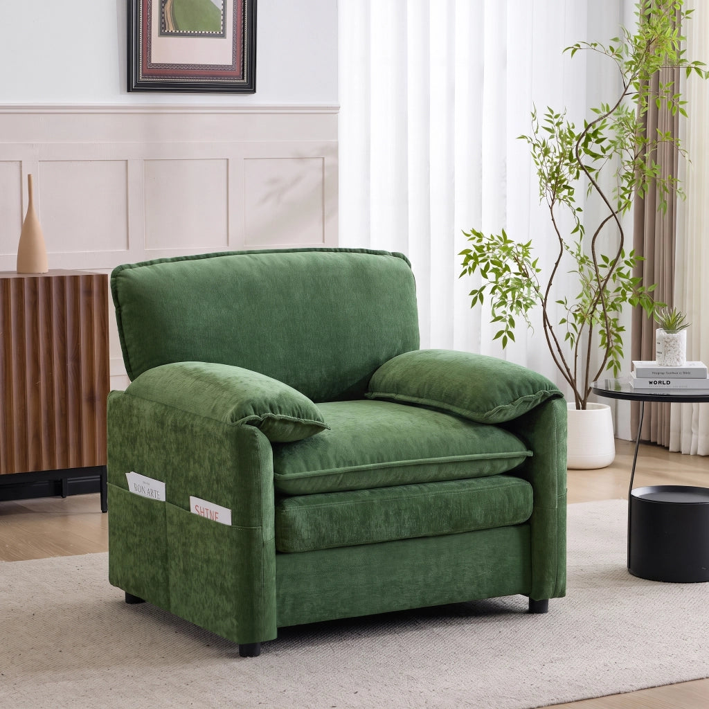 Poltrona con doppie tasche laterali in ciniglia verde scuro