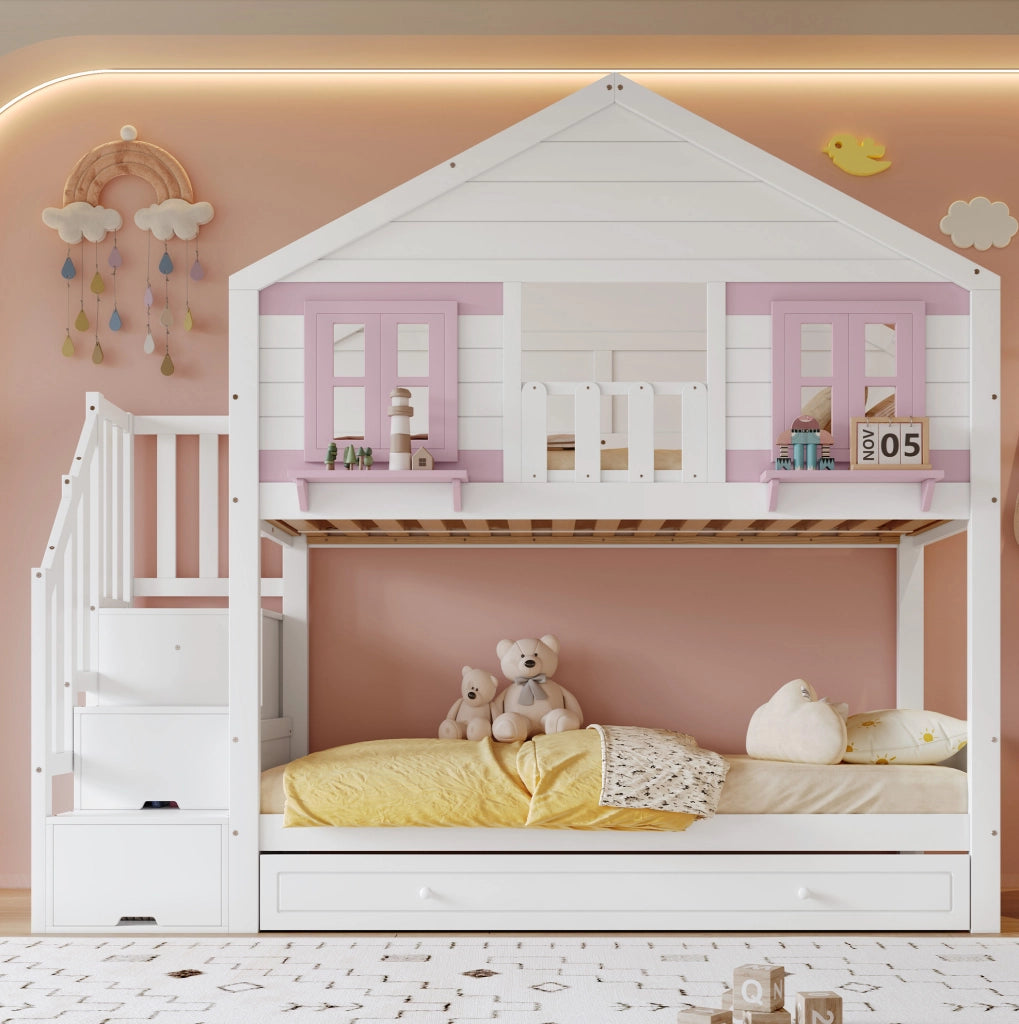 Letto a castello per bambini 90x200 cm con letto estraibile; pino e MDF; bianco e rosa
