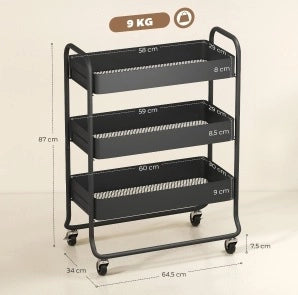 Carrello da cucina nero in metallo con 3 cestelli e 4 ruote, 64,5x34x87 cm