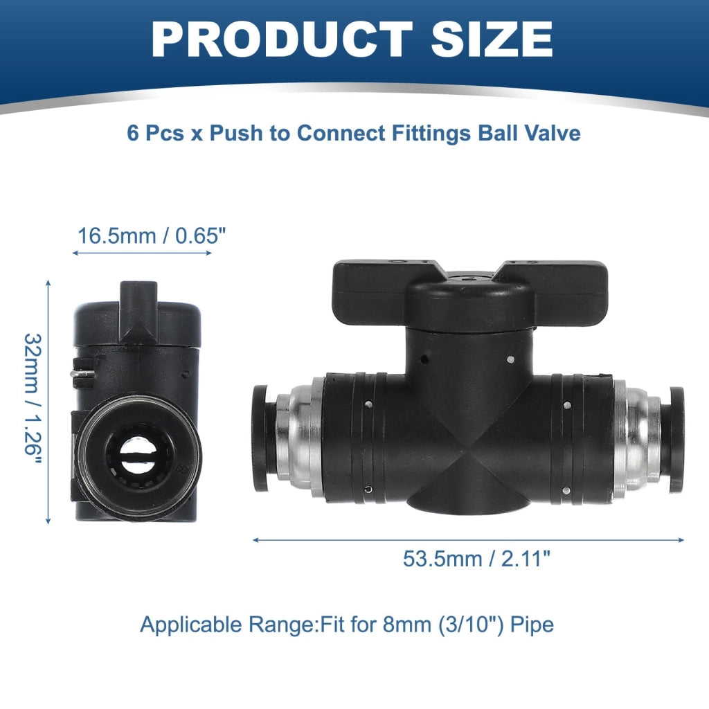 Valvola a sfera push-to-connect da 8 mm, confezione da 6 pezzi, per temperature da 0 a 60 °C, pneumatica, colore nero