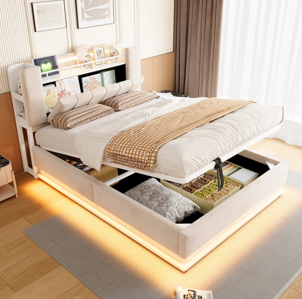 Letto imbottito 140x200 cm con LED, USB e vano contenitore beige