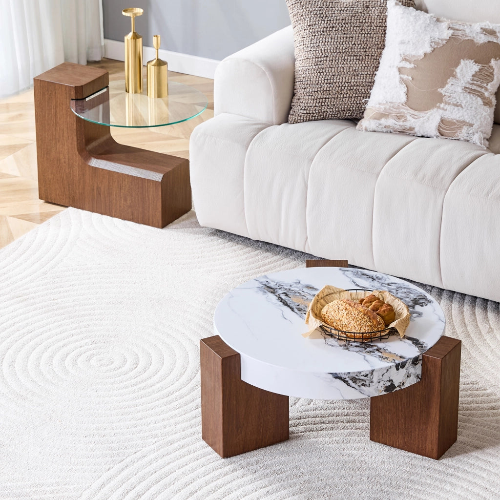Set di tavolini da salotto rotondi separabili a due livelli in MDF effetto noce vetro trasparente bianco marmo