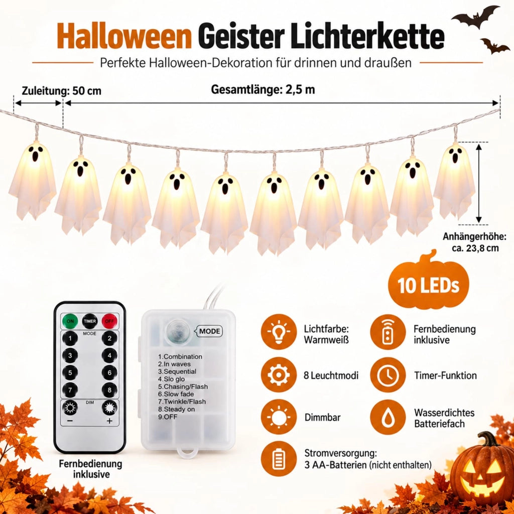 Catena luminosa a tema Halloween, con 10 fantasmi, telecomando, luce bianco caldo
