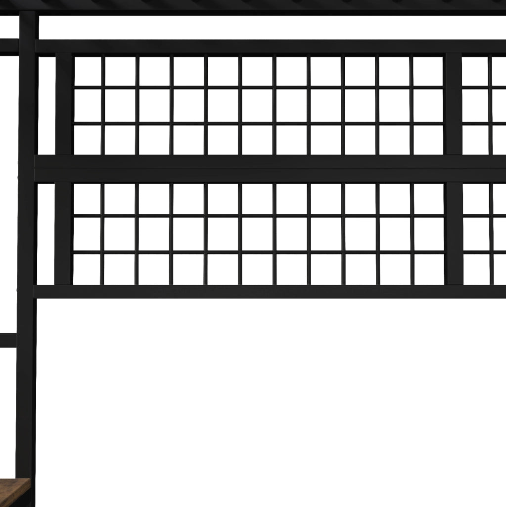 Letto a soppalco 90x200 cm con struttura in ferro, zona sotto letto aperta, ripiano e rete appendiabiti, barra appendiabiti, luce LED integrata, senza materasso, nero