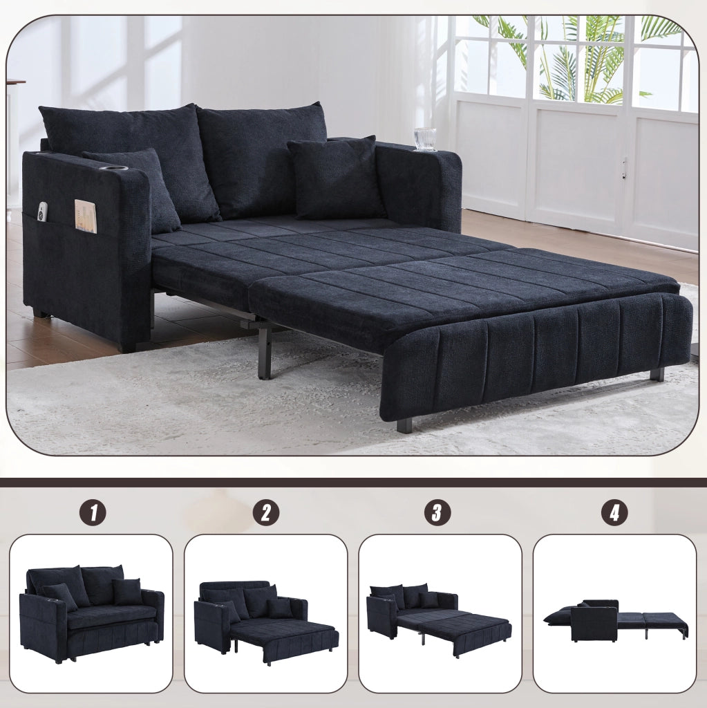 Divano letto ULEVR in ciniglia nera 139x83x58 cm trasformabile, con tasche laterali e 4 cuscini