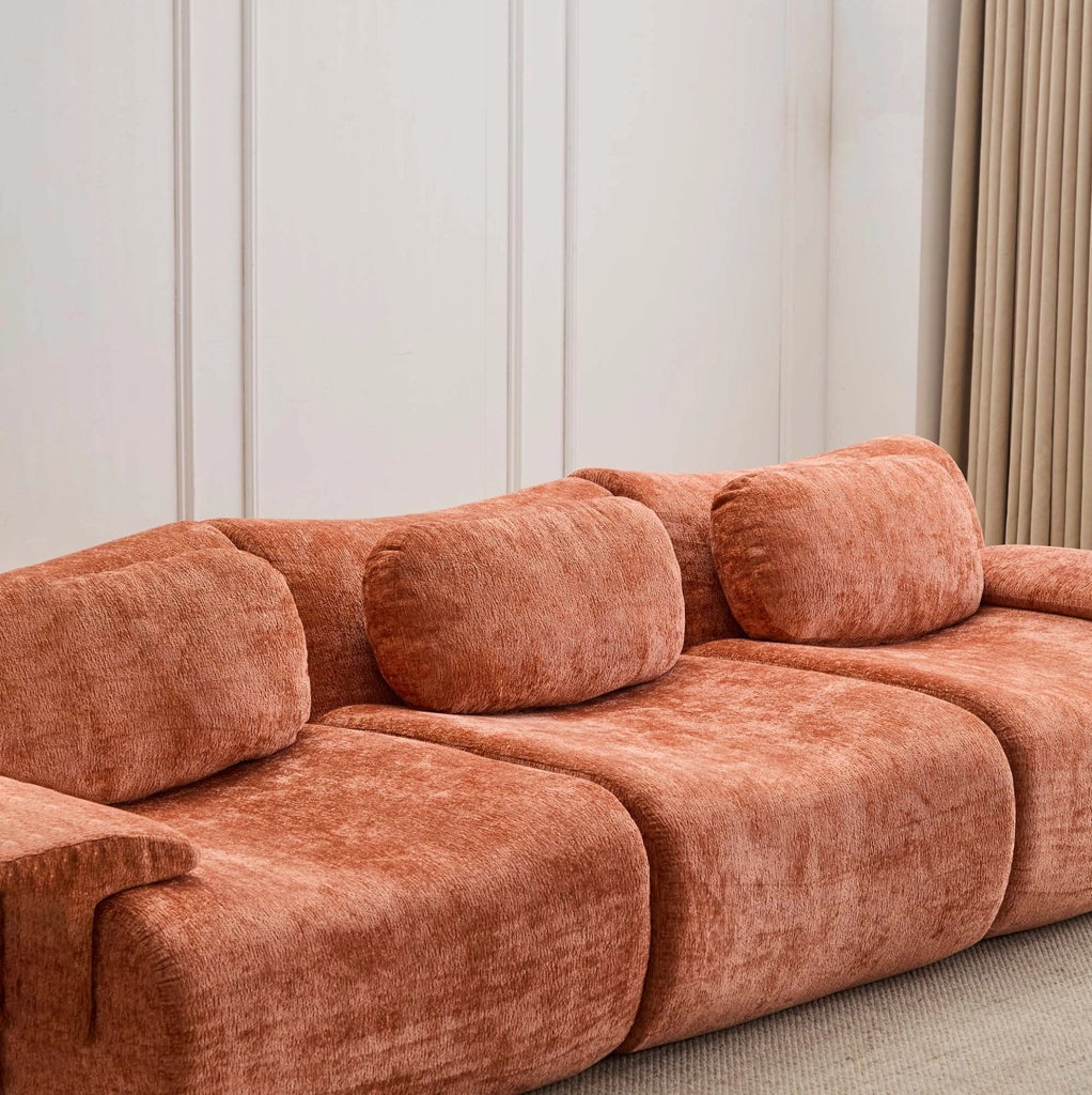 Divano 3 posti 288x101x69 cm in ciniglia arancione; design ondulato