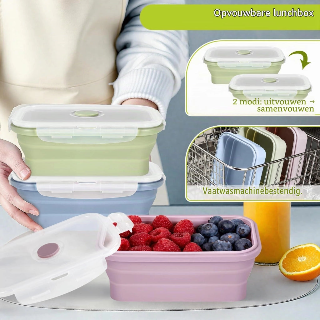 Set di 2 contenitori pieghevoli per alimenti, capacità 550 ml, in silicone, stile bento, colore verde e rosa