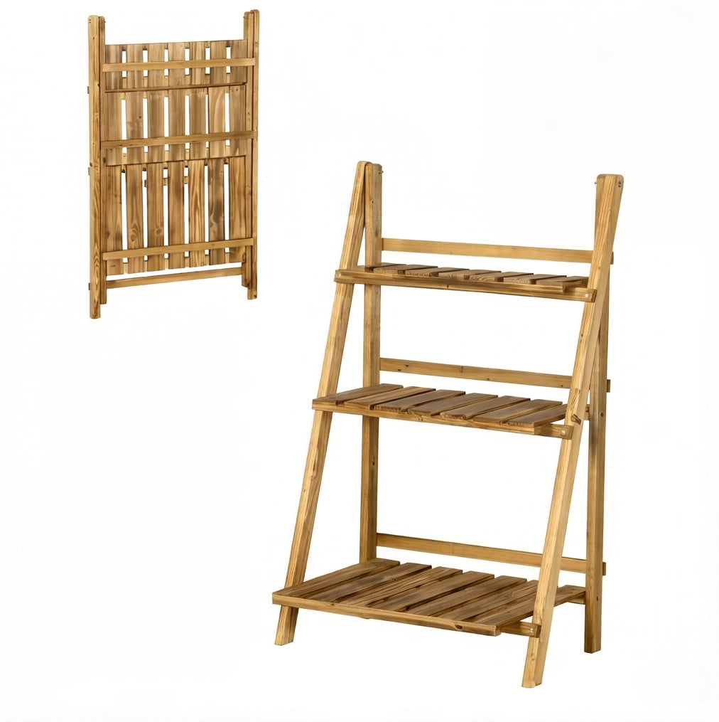 Scaffale pieghevole per piante in legno di abete a 3 ripiani, marrone