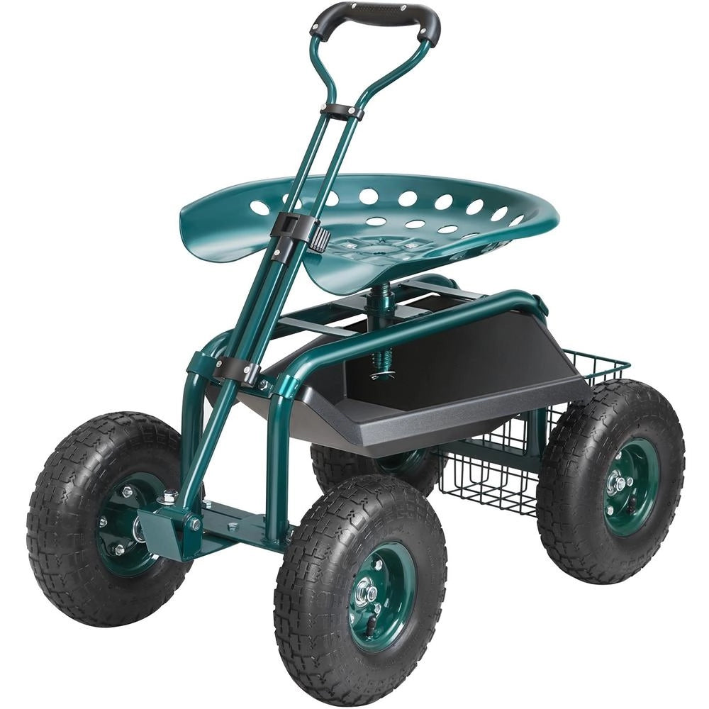 Sgabello da giardino a rotelle girevole 360° telaio in acciaio verde ruote gonfiabili 25,4cm 760x450x960mm manico allungabile vassoio porta attrezzi