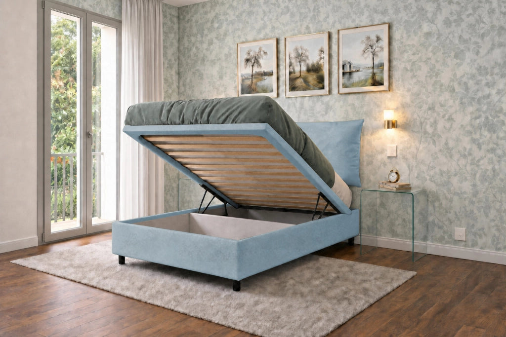 Letto Singolo Contenitore Imbottito 80x190 cm Microfibra Azzurro BoxMax Testata Soft