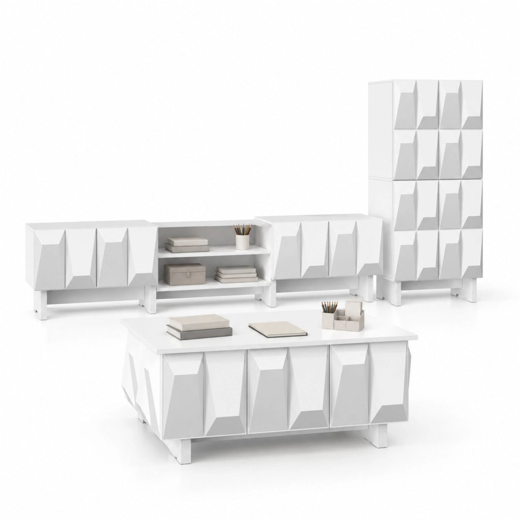 Set di mobili da soggiorno bianco con frontali 3D, 3 pezzi