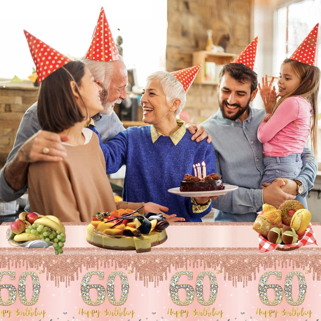 Set di stoviglie per feste, 60° compleanno, color oro rosa, 69 pezzi, per 16 ospiti, include piatti e bicchieri