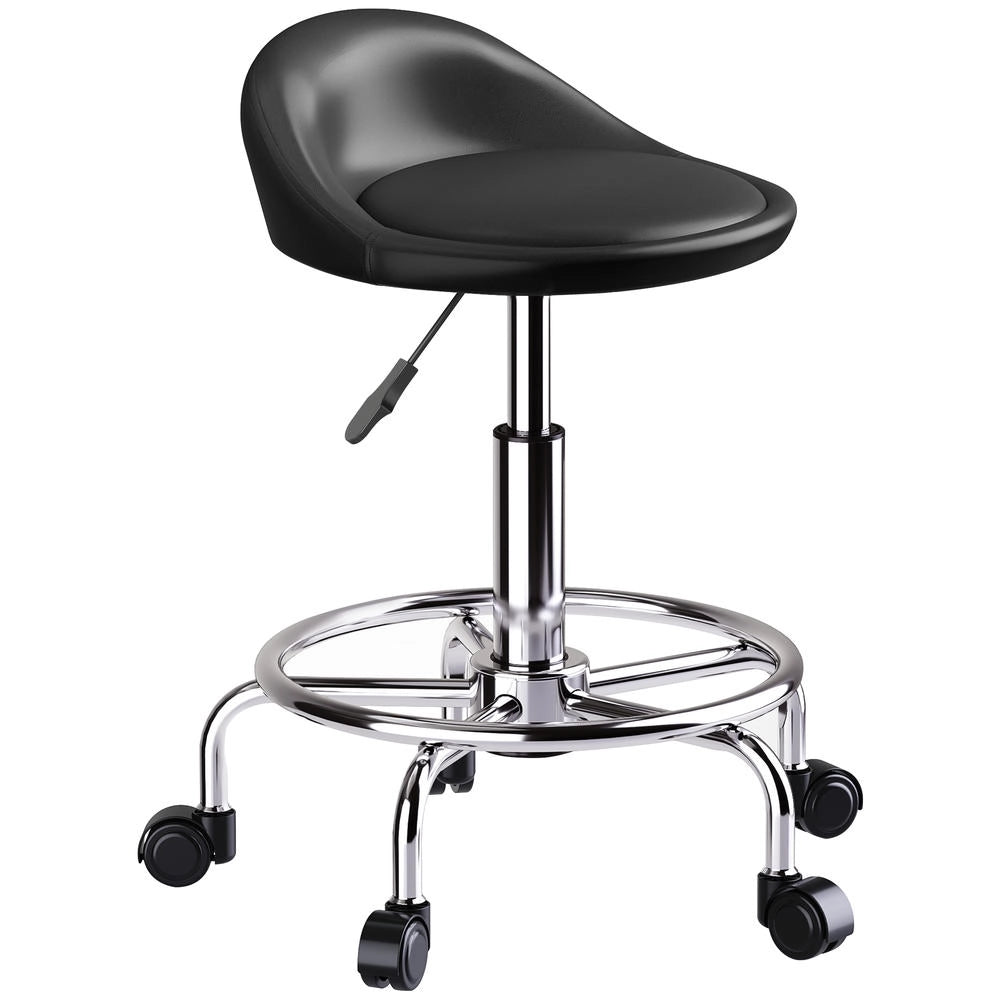 Sgabello con Ruote e Schienale Girevole 360° Regolabile in Altezza 59-75 cm in Ecopelle per Studio Ufficio Casa Nero