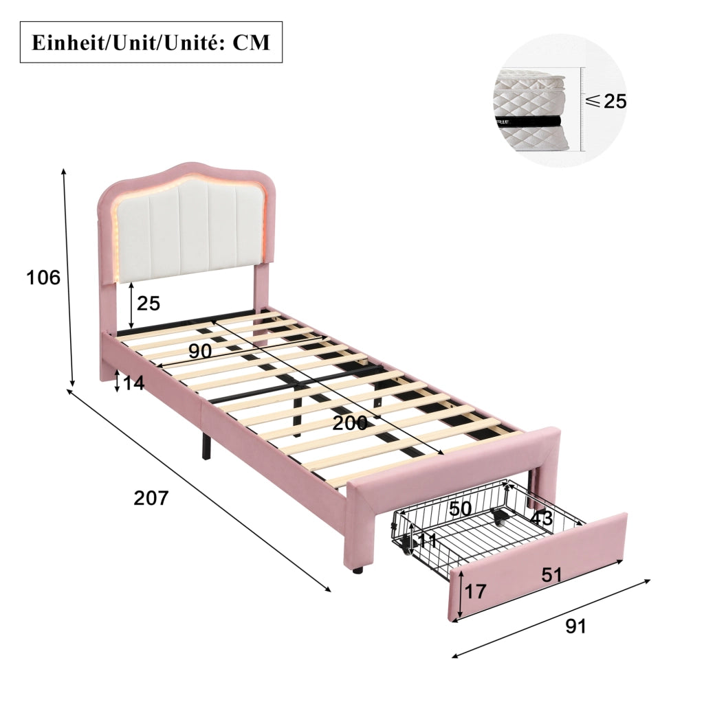 Letto singolo imbottito rosa 90 x 200 cm con cassetto e luce LED