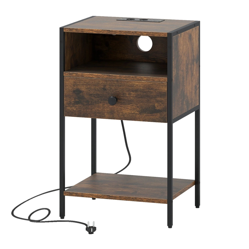 Nightstand with charging station, industrial side table with open compartment, drawer & shelf, rustic brown