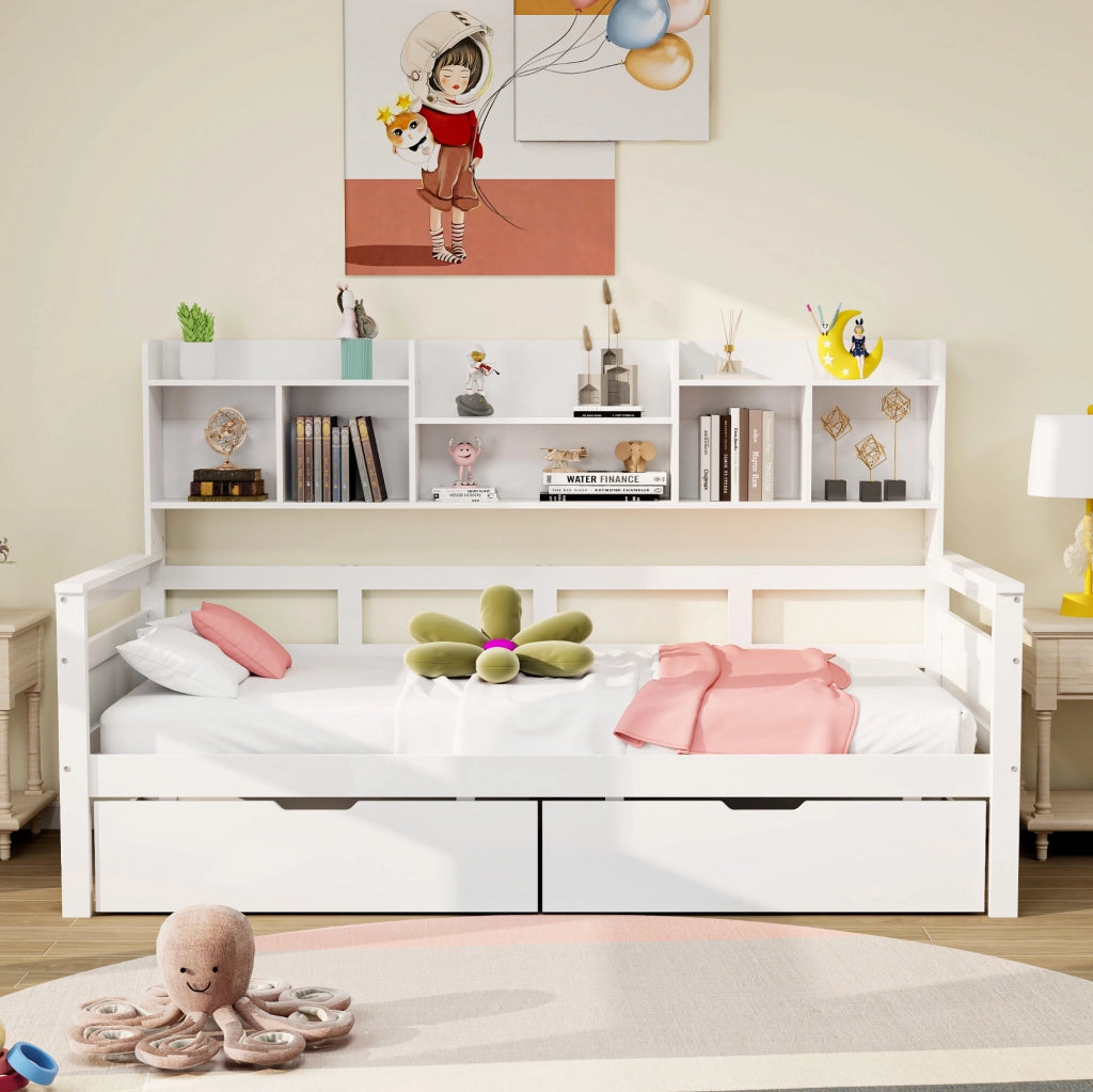 Letto singolo 90x200 cm con cassetti e ripiani laterali in legno; bianco