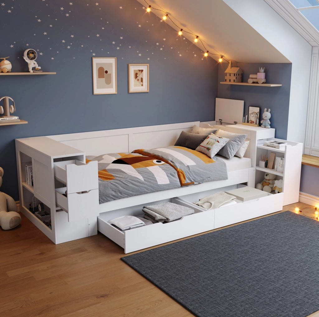 Letto singolo per bambini con cassetti e spazio contenitore, 90 x 190 cm, bianco, materasso non incluso