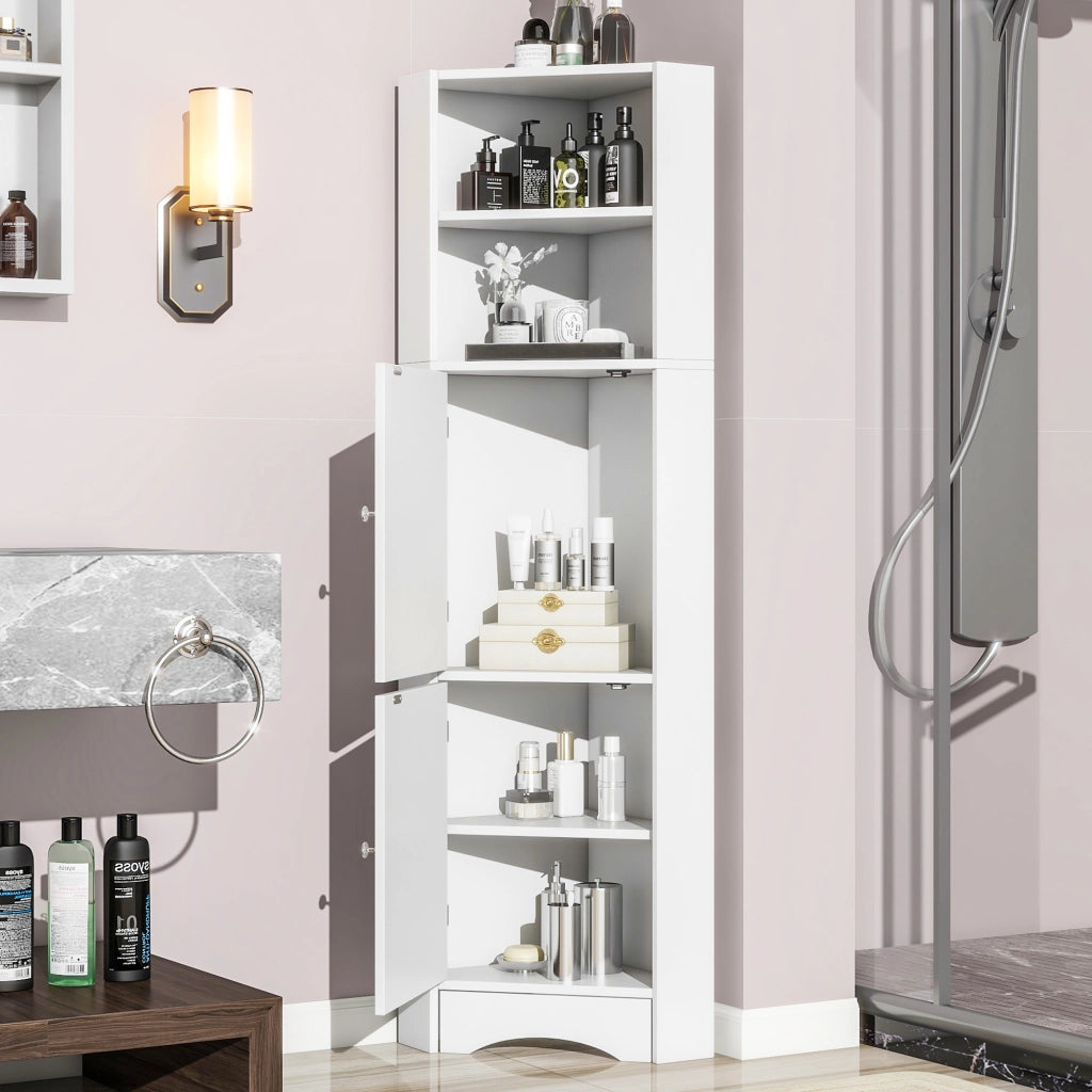 Mobile da bagno angolare in truciolare bianco con vano chiuso e ripiani aperti design moderno salvaspazio
