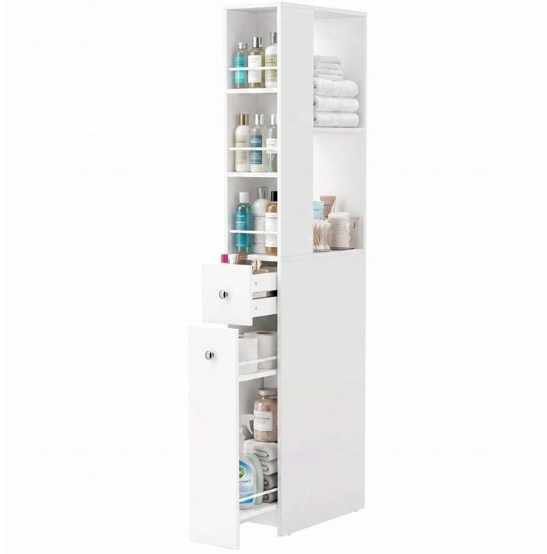 Mobile bagno alto compatto 135 cm in MDF laccato bianco con 2 cassetti, 2 mensole laterali e 3 scomparti