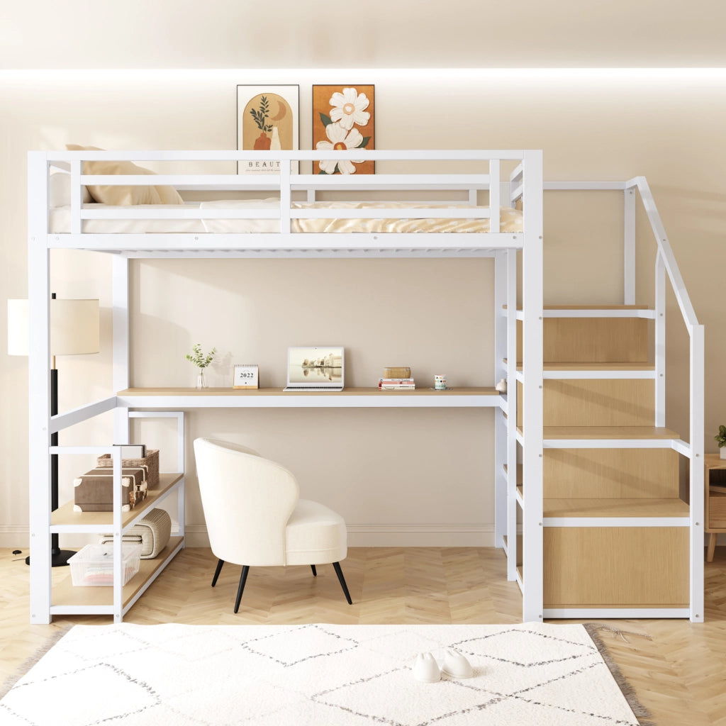 Letto a soppalco 140 × 200 cm in metallo bianco con scala contenitore scrivania ripiani e sponde di sicurezza