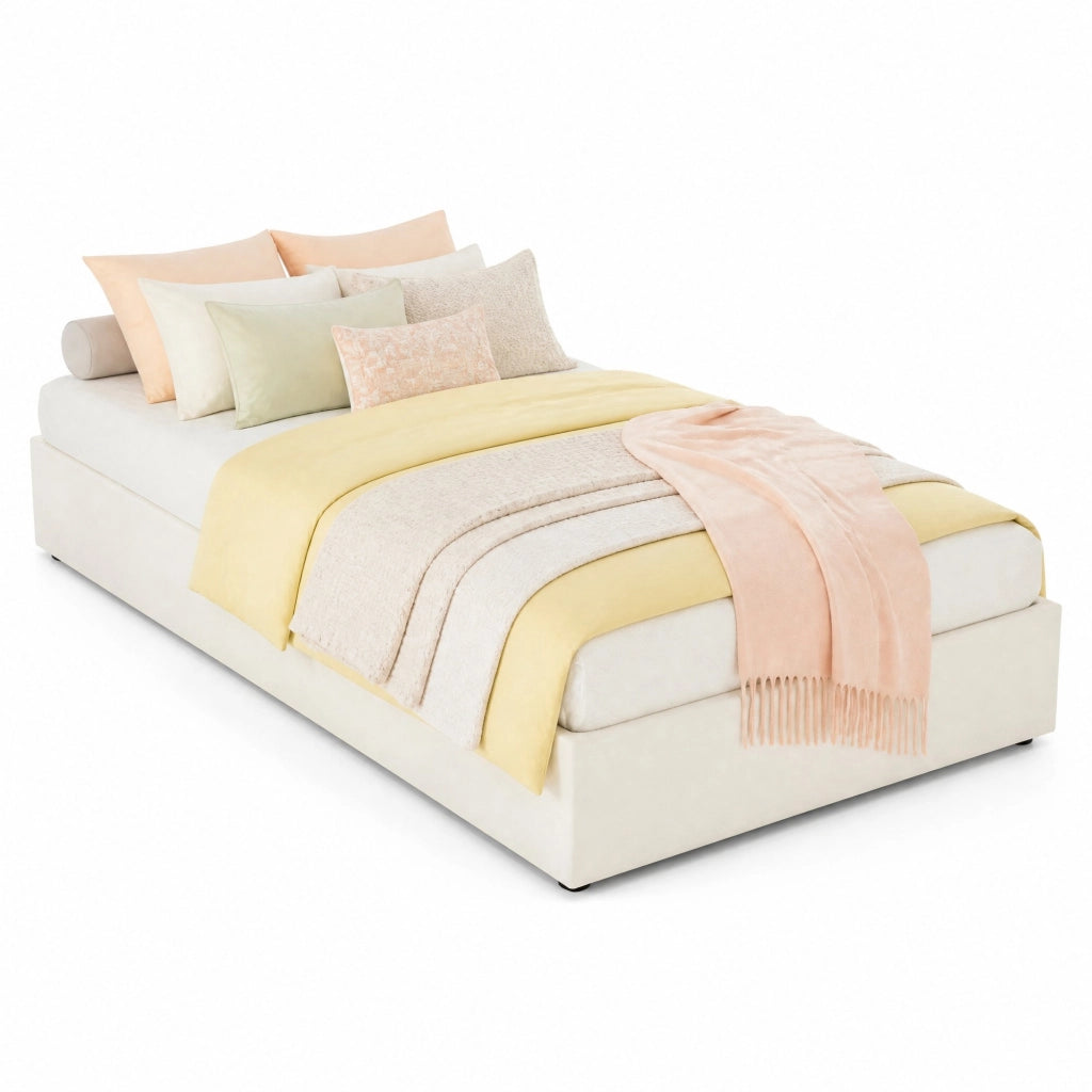 Letto singolo 90x200 cm con contenitore a sollevamento pneumatico; tessuto beige e metallo