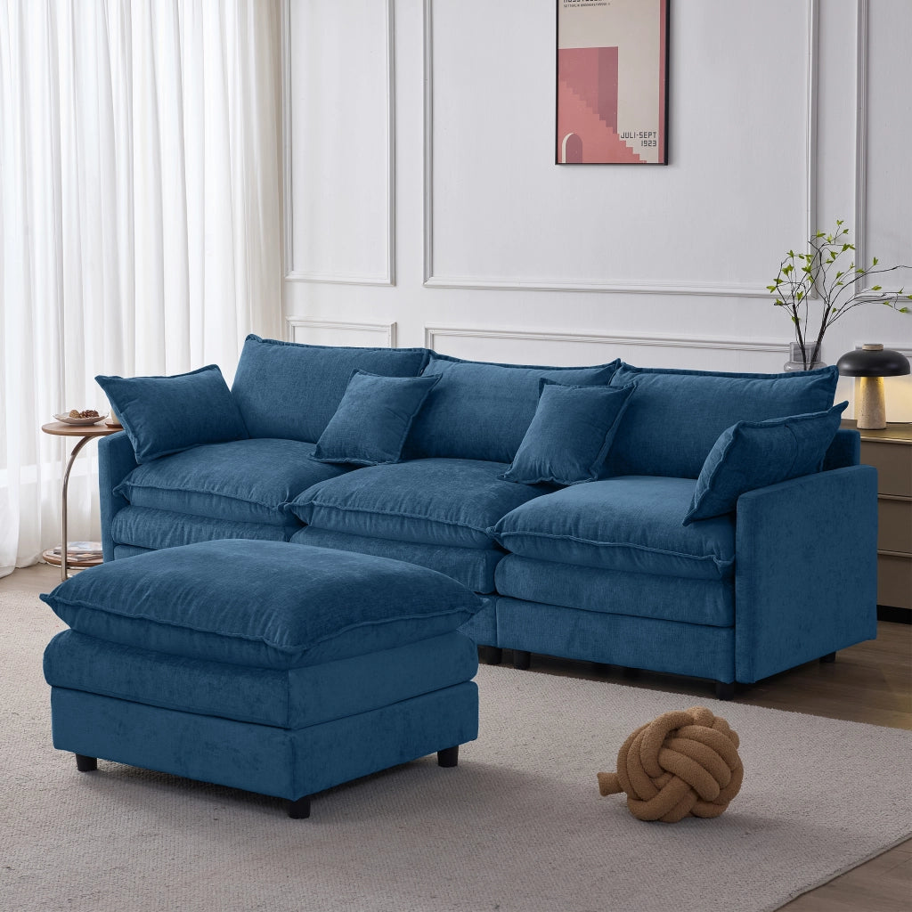 Divano angolare modulare a 3 posti con pouf mobile in ciniglia blu struttura in legno e cuscini sfoderabili
