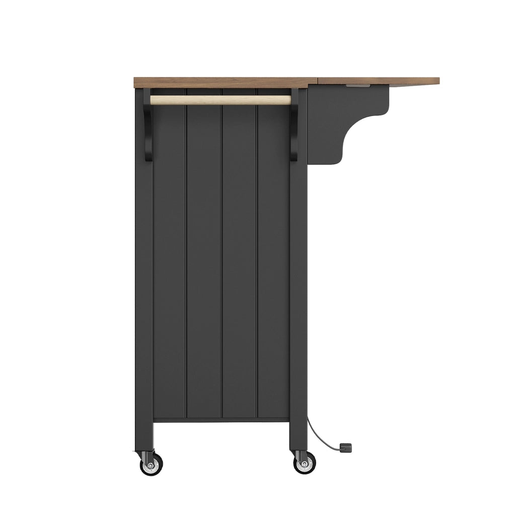 Isola cucina con ruote e ripiani regolabili, carrello con piano di lavoro in MDF effetto legno, porta in vetro con LED e portasalviette laterale nero