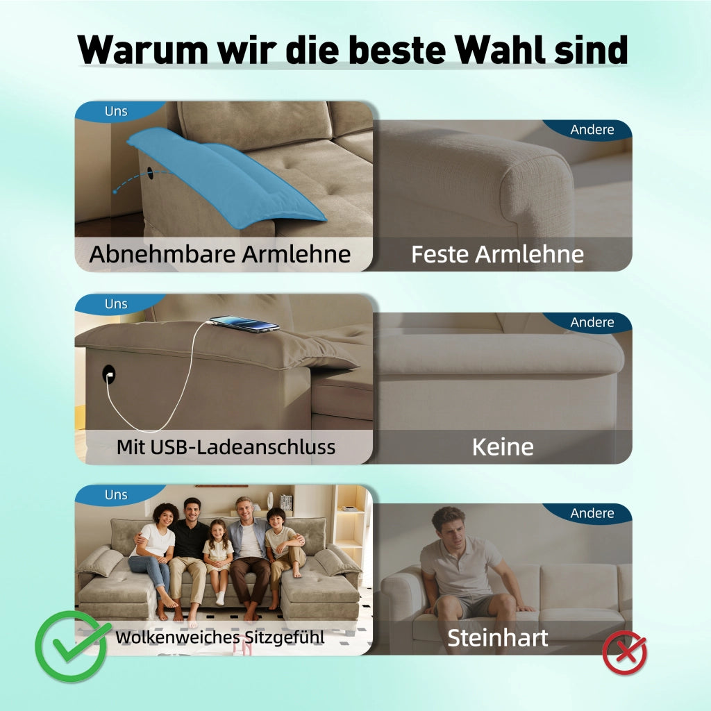 Divano letto panoramico a U modulare in chenille color cammello con letto estraibile; USB e 4 cuscini schienale
